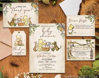 May include: Winnie the Pooh themed baby shower invitation with a rustic brown background. The invitation features a Winnie the Pooh illustration with the text "Please join us for a baby shower in honor of Amelia Corbyn, October 24, 11:00 AM, The Lakewood Cafe, 123 West Drive Union, ET 4323, RSVP to Cindy 123.456.7800, Registered at Target and Amazon".