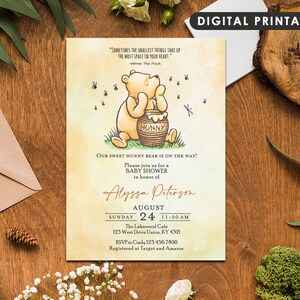 Winnie The Pooh Einladungskarte für Babyparty / Pooh und Hunny Glas / Personalisiert / Nur Digital