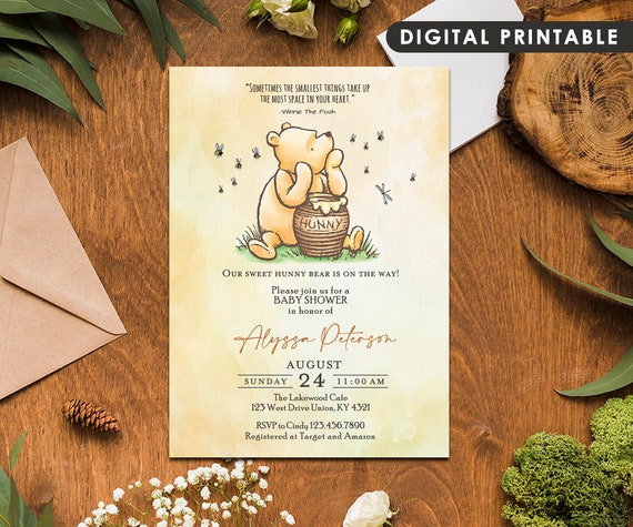 Classic Winnie The Pooh Baby Shower Invitation Card for Gender Neutral / Pooh and Hunny Jar / Personalized / Digital Only Il_570xn
