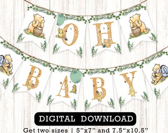 Downloadable Digital Banner Garland/ Classic Winnie The Pooh Baby Shower/Hanging Bunting Flags Decoration /Instant Download