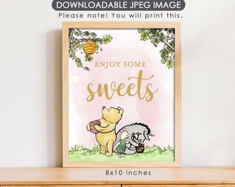 8"x10" Classic Winnie The Pooh Party Poster Decoration / Birthday Baby Shower Table Sign / Instant Download / Enjoy Sweets Sign/ Pink Girl