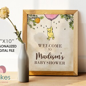 Classic Winnie The Pooh Baby Shower Birthday Poster / Welcome Sign / Personalized Digital File/ Blue Yellow Pink Green Gender Neutral Pink Balloon