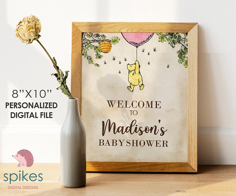 Classic Winnie The Pooh Baby Shower Birthday Poster / Welcome Sign / Personalized Digital File/ Blue Yellow Pink Green Gender Neutral Pink Balloon