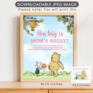 8&quot;x10&quot; How Big Is Mommy&#39;s Belly Game Sign and String Name Tag /Classic Winnie The Pooh /Baby Shower Game Games / Instant Download/ Blue Sky