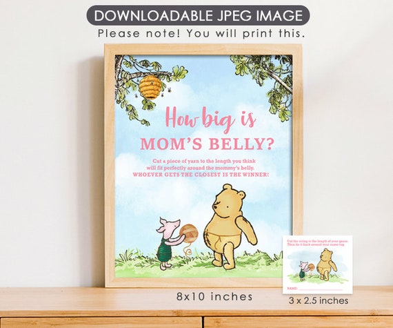 8"x10" How Big Is Mommy's Belly Game Sign and String Name Tag /Classic Winnie The Pooh /Baby Shower Game Games / Instant Download/ Blue Sky Il_570xn