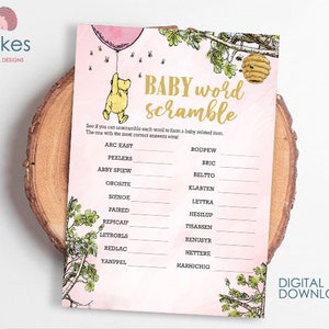 Blush Pink/ Classic Winnie The Pooh Baby Shower Games/ Baby Word Scramble Alphabet / Instant Download / 5x7 inches