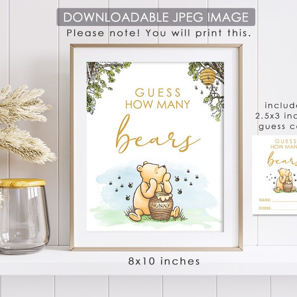 Downloadable 8"x10" Sign with Answer Cards / Classic Winnie The Pooh Party Poster Decoration / Guess How Many Bears