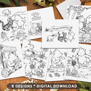 Pages de coloriage classiques téléchargeables Winnie l'ourson, format lettre 8,5 x 11 pouces, activité de fête prénatale et d'anniversaire
