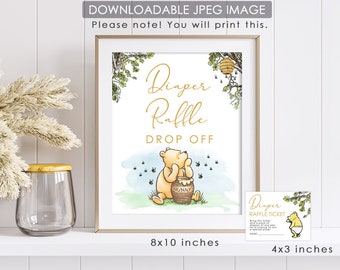 Downloadable Diaper Raffle Drop Off and Diaper Raffle Ticket Insert Card /Classic Winnie The Pooh Baby Shower / Instant Digital Download