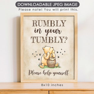 Póster clásico de Winnie The Pooh de 8" x 10" para decoración de fiestas / Rumbly in your Tumbly / Please Help Yourself / Baby Shower de cumpleaños / Instantáneo