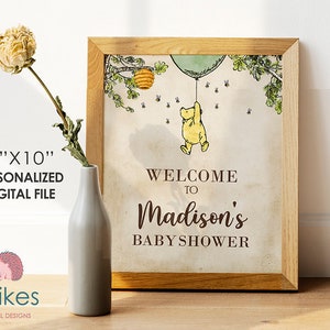 Classic Winnie The Pooh Baby Shower Birthday Poster / Welcome Sign / Personalized Digital File/ Blue Yellow Pink Green Gender Neutral Green Balloon