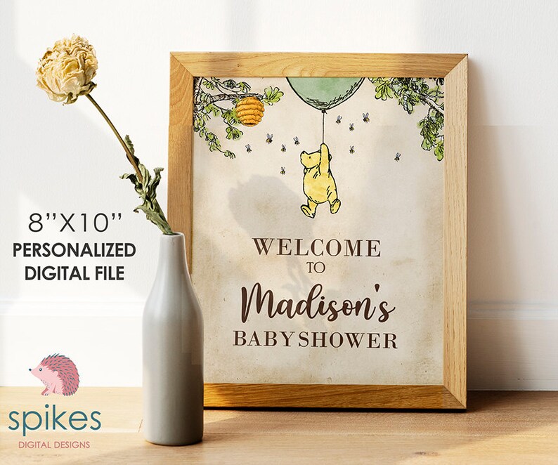 Classic Winnie The Pooh Baby Shower Birthday Poster / Welcome Sign / Personalized Digital File/ Blue Yellow Pink Green Gender Neutral Green Balloon