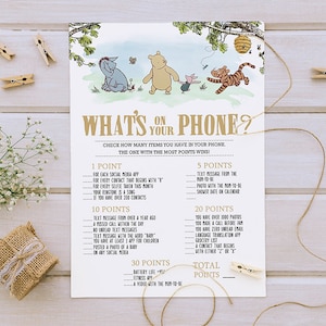 Classic Winnie The Pooh Baby Shower Games/ What&#39;s On Your Phone / Instant Download / 5x7 inches