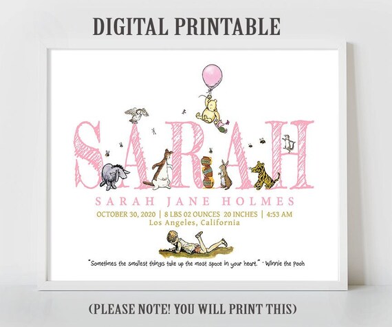 Personalised Digital Birth Announcement - Classic Winnie The Pooh, name, nursery decor, children's bedroom, wall art, baby gift, birth stats Il_570xn