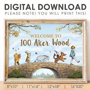 Do pobrania Klasyczna dekoracja urodzinowa na baby shower Kubusia Puchatka / Natychmiastowe pobranie / Witamy w 100 One Hundred Aker Wood Poster