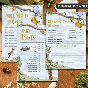 Ensemble de trois (3) cartes Bundle / Classic Winnie The Pooh Baby Shower Jeux Bundle/Message de vœux/Prédictions et conseils de bébé/Traits de bébé
