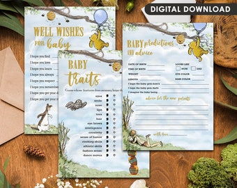 Set of Three (3) Cards Bundle /Classic Winnie The Pooh Baby Shower Games Bundle/Well Wishes Message/Baby Predictions and Advice/Baby Traits