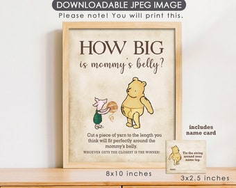 8"x10" How Big Is Mommy's Belly Game Sign and String Card Name Tag /Classic Winnie The Pooh / Baby Shower Game Games / Instant Download