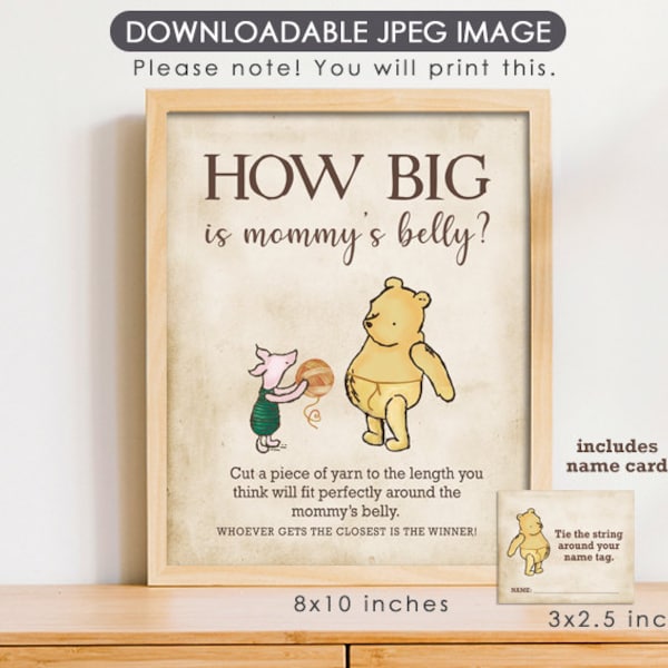 8 "x10" Qué tan grande es mommy's Belly Game Sign and String Card Name Tag / Classic Winnie The Pooh / Baby Shower Game Games / Instant Download