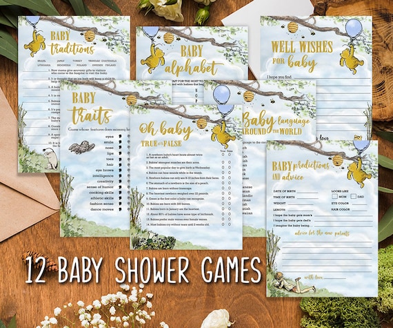 12 Games Bundle Blue Boy Classic Winnie The Pooh Baby Shower Games Pack 5x7 inches Instant Download