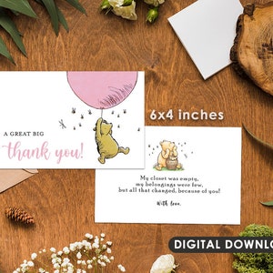 Carte de remerciement téléchargeable 4"x6 » / Classic Winnie The Pooh Party Baby Shower / Pink Girl Color / Téléchargement numérique instantané