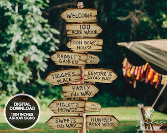 May include: A set of ten 10x4 inch wooden arrow signs with text from Winnie the Pooh. The signs are brown and have white text. The signs include "Welcome", "100 Acre Wood", "Pooh Bear's House", "Rabbit's Garden", "Kanga's House", "Tigger's Place", "Eeyore's Gloomy Place", "Party This Way", "Piglet's House", "Owl's House", "Sweets This Way", and "Hundred Aker Wood".