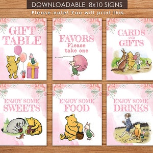 8"x10" Classic Winnie The Pooh Table Signs / Pink Floral Bundle Pack / Birthday Baby Shower/ Instant Download Party Poster Decoration