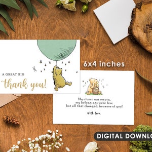 Carte de remerciement téléchargeable 4"x6 » / Classique Winnie The Pooh Party Baby Shower / Vert Couleur neutre / Téléchargement numérique instantané