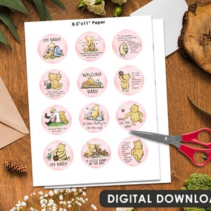 2" Cupcake Topper / Baby Shower or Gender Reveal / 12 Designs/ Circle Tag Sticker/ Cookie Food Favor Label / Classic Winnie The Pooh