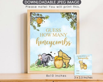 Downloadable 8"x10" Sign with Answer Cards / Classic Winnie The Pooh Party Poster Decoration / Guess How Many Honeycombs/ Blue Sky