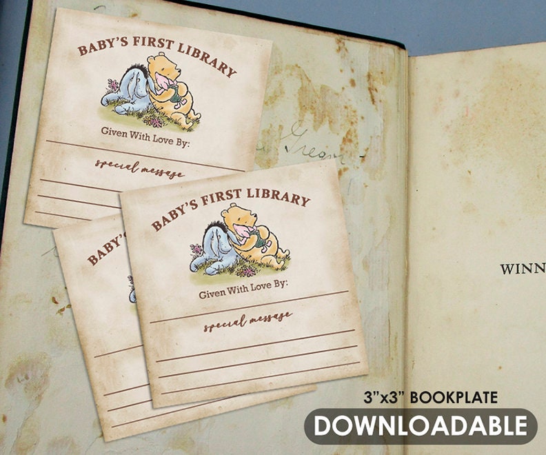 3"x3" Bookplate Label / Baby First Library / Book for Baby / Classic Winnie The Pooh / Birthday Baby Shower / Instant Download