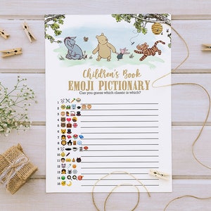 Juegos clásicos de Winnie The Pooh para baby shower/Emojis con forma de tarjeta Pictionary/Descarga instantánea/5 x 7 pulgadas