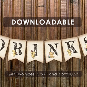 Download Now! Drinks Table Sign / Downloadable Digital Banner / Classic Winnie The Pooh Bunting / Instant Download