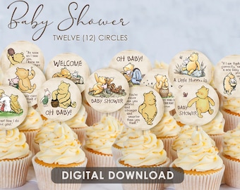 2&quot; BABY SHOWER Cupcake Topper / Download 12 Designs/ Circle Tag Sticker / Cookie Food Favor Label / Classic Winnie The Pooh Baby Shower