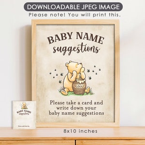 Herunterladbares 20 x 30 cm Schild mit Antwortkarten / Klassische Winnie The Pooh Party Poster Dekoration / Baby Namensvorschläge