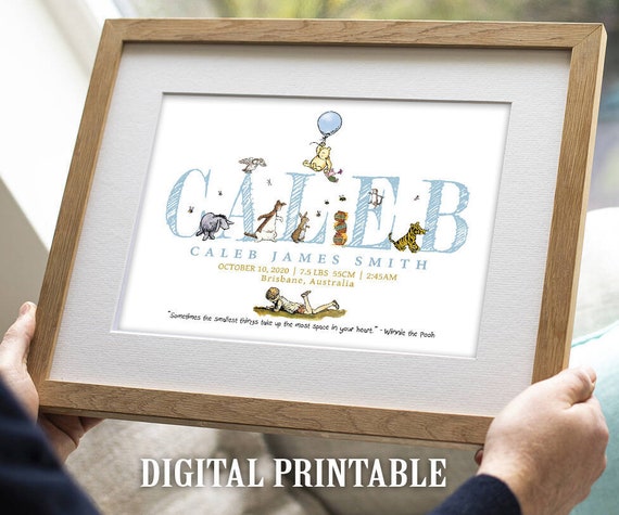 Personalised Digital Birth Announcement - Classic Winnie The Pooh, name, nursery decor, children's bedroom, wall art, baby gift, birth stats Il_570xn