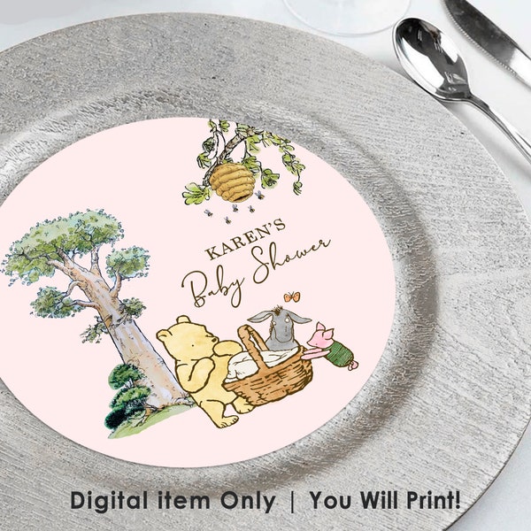 Personalized Charger Plate Insert! Digital item Only /Text Customized for you / Choose Size 8", 7", 6" / Classic Winnie The Pooh Baby Shower
