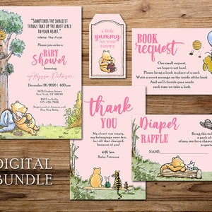 Klassieke Winnie de Poeh uitnodigingskaart, bedankkaart, luierloterij, boekverzoek invoegen/gepersonaliseerd/bundelpakket/feestsetpakket