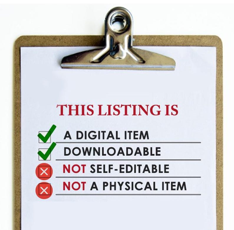 Pode incluir: Uma lista de verifica&ccedil;&atilde;o em uma prancheta com um cabe&ccedil;alho vermelho que diz "THIS LISTING IS". A lista de verifica&ccedil;&atilde;o tem quatro itens com marcas de verifica&ccedil;&atilde;o ou X ao lado deles. Os dois primeiros itens est&atilde;o marcados e dizem "A DIGITAL ITEM" e "DOWNLOADABLE". Os dois &uacute;ltimos itens est&atilde;o marcados com um X e dizem "NOT SELF-EDITABLE" e "NOT A PHYSICAL ITEM".