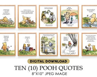 May include: Ten printable 8x10 inch Winnie the Pooh quotes in a digital download. The quotes are framed in a wood-toned frame and feature illustrations of Winnie the Pooh and his friends.