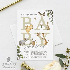 Tarjeta de invitación de ducha de bebé de Winnie The Pooh clásica / personalizada / solo digital