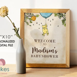 Classic Winnie The Pooh Baby Shower Birthday Poster / Welcome Sign / Personalized Digital File/ Blue Yellow Pink Green Gender Neutral Blue Balloon