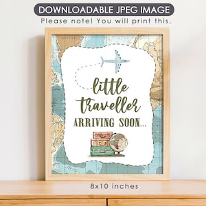 Petit voyageur arrivant bientôt Signe / World Adventure Airplane Travel Décoration thématique / Baby Shower Anniversaire Mariage / Téléchargement instantané