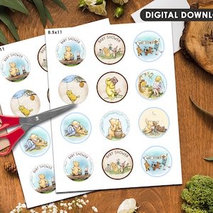 May include: Printable 8.5x11 inch sheet of 12 Winnie the Pooh baby shower favour tags. The tags feature Winnie the Pooh and his friends in various scenes from the book. The text on the tags reads "Baby Shower".