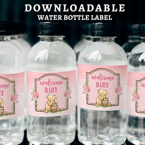 Printable Water Bottle Label / Classic Winnie The Pooh Baby Shower Girl Pink /Download in Seconds!/Instant Download