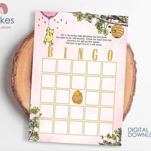 Juegos para baby shower de Winnie The Pooh clásicos en rosa ruborizado/Tarjeta de BINGO/Descarga instantánea/5 x 7 pulgadas
