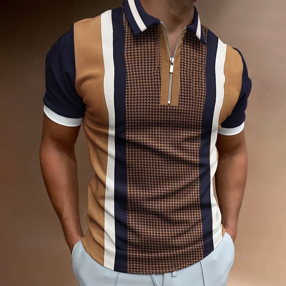 Men T Short Sleeve POLO Shirt Casual Striped Plaid Print Zip - Etsy