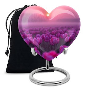 Romantic Pink Tulip Heart Urn for Ashes - Modern Keepsake Urn and Burial Urn, Available in 3&quot; and 10&quot; Sizes, Decorative Urn for Human Ashes