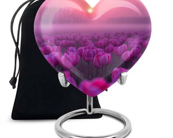 Romantic Pink Tulip Heart Urn for Ashes - Modern Keepsake Urn and Burial Urn, Available in 3" and 10" Sizes, Decorative Urn for Human Ashes