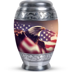 Handcrafted Patriotic Eagle Cremation Urn with American Flag Design - Memorial Keepsake Urn for Ashes, Unique Decorative Metal Funeral Urn,